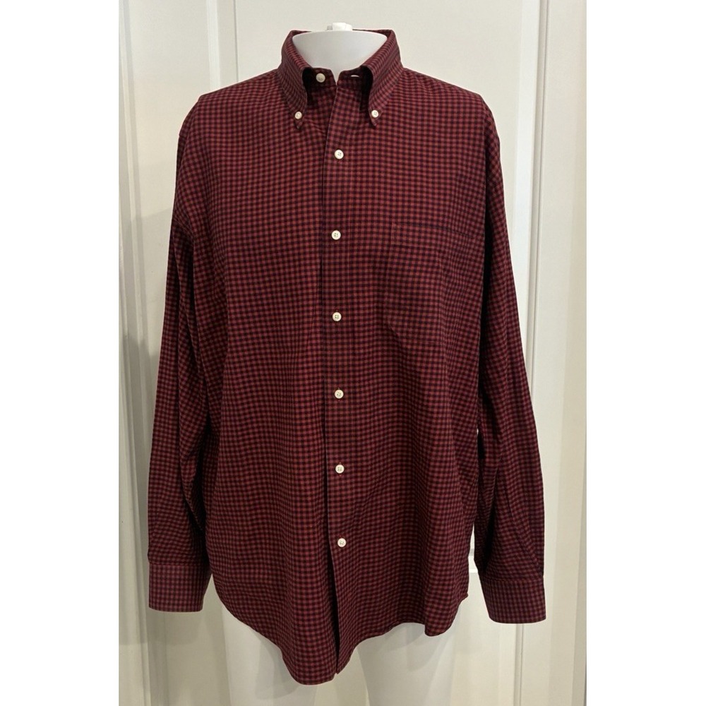 Vintage Lands End Shirt Mens L Red Blue Gingham Button Long Sleeve Hong Kong 90s